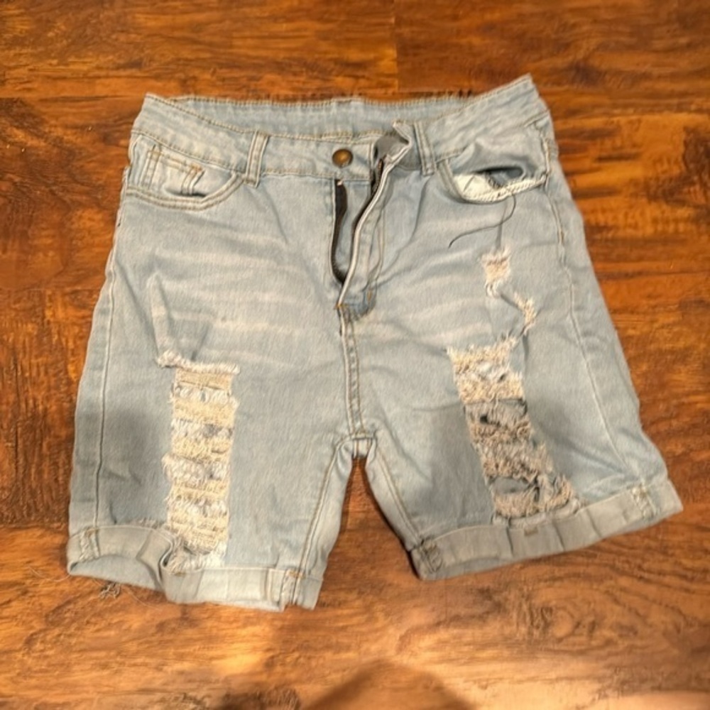 Distressed Light Blue Denim Shorts